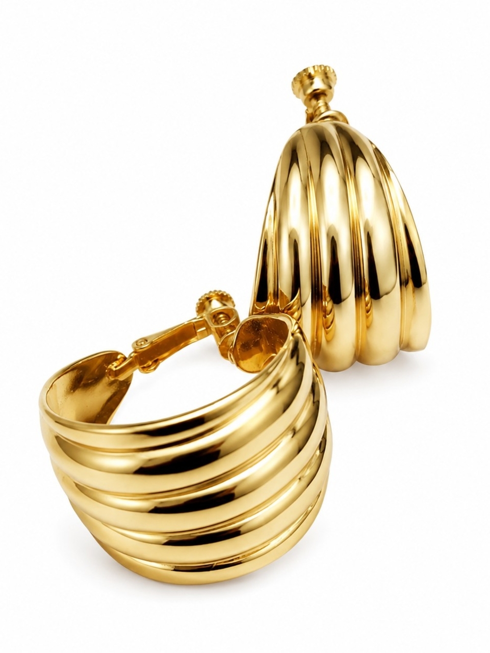 Vintage Napier Gold Tone Ribbed Hoop Clip On Earrings Statement Designer Jewelry